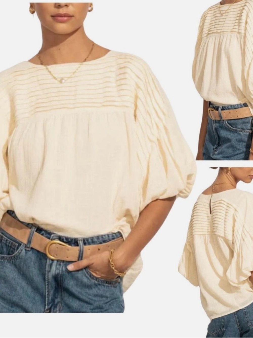 Leia N Co Pintuck Balloon Sleeve 100% Cotton Feminine Romantic Boho Cottage Top